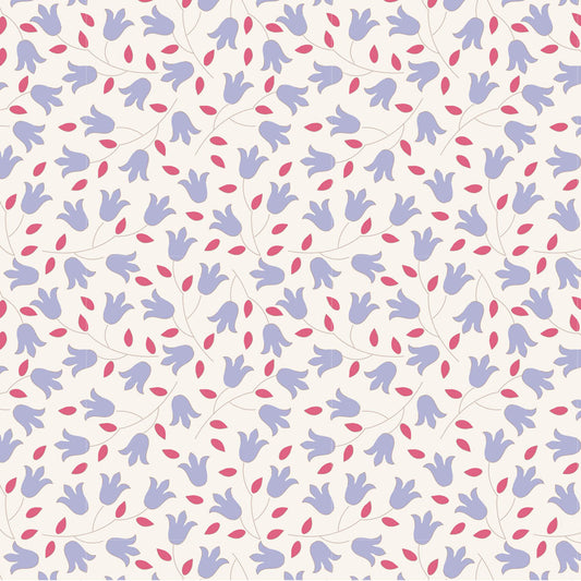 Pattern of blue  bell shaped flowers and red leaves on a white background.
Photo by Tildafabrics.com [image_link]