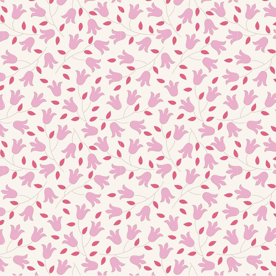 A repeating floral pattern featuring light pink tulip-like blossoms and darker pink leaves on thin stems over a warm off-white background.
Photo by Tildafabrics.com [image_link]