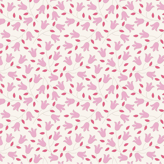 A repeating floral pattern featuring light pink tulip-like blossoms and darker pink leaves on thin stems over a warm off-white background.
Photo by Tildafabrics.com [image_link]