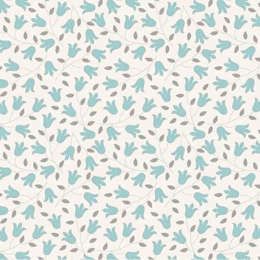 A repeating floral pattern featuring light teal tulip-like blossoms and small gray leaves on a warm off-white background.
Photo by Tildafabrics.com [image_link]