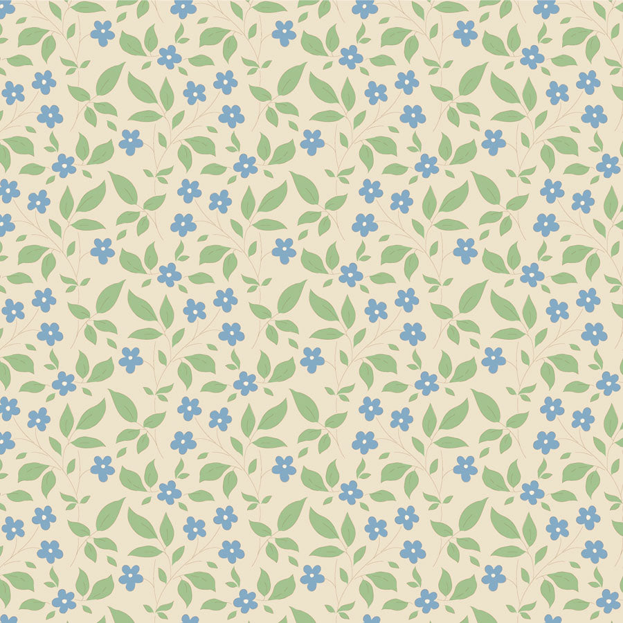 A fabric featuring a floral pattern with blue flowers and green leaves on a light background.
Photo by Tildafabrics.com [image_link]