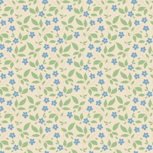 A fabric featuring a floral pattern with blue flowers and green leaves on a light background.
Photo by Tildafabrics.com [image_link]