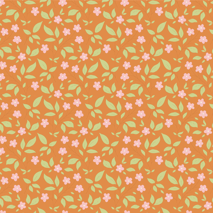 A fabric from the Tilda Sunday Brunch Blender Tipsy Ginger collection, featuring a vintage floral pattern with ginger, pink, and green flowers on an orange background.
Photo by Tildafabrics.com [image_link]