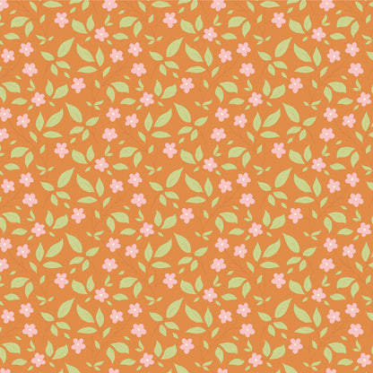 A fabric from the Tilda Sunday Brunch Blender Tipsy Ginger collection, featuring a vintage floral pattern with ginger, pink, and green flowers on an orange background.
Photo by Tildafabrics.com [image_link]