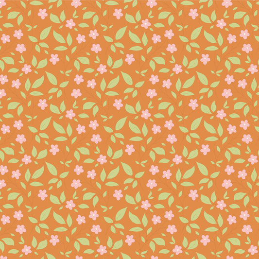 A fabric from the Tilda Sunday Brunch Blender Tipsy Ginger collection, featuring a vintage floral pattern with ginger, pink, and green flowers on an orange background.
Photo by Tildafabrics.com [image_link]