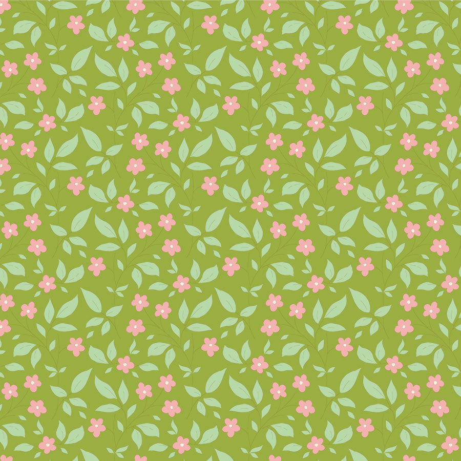 Yardage fabric from the Sunday Brunch Blender Tipsy Green collection by Tone Finnanger for Tilda Fabrics, featuring a vintage floral pattern on a green background.
Photo by Tildafabrics.com [image_link]