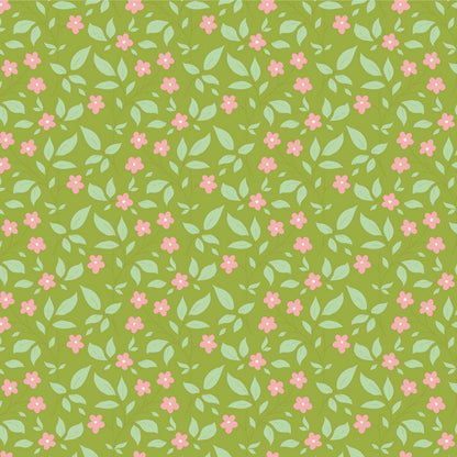 Yardage fabric from the Sunday Brunch Blender Tipsy Green collection by Tone Finnanger for Tilda Fabrics, featuring a vintage floral pattern on a green background.
Photo by Tildafabrics.com [image_link]
