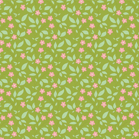 Yardage fabric from the Sunday Brunch Blender Tipsy Green collection by Tone Finnanger for Tilda Fabrics, featuring a vintage floral pattern on a green background.
Photo by Tildafabrics.com [image_link]
