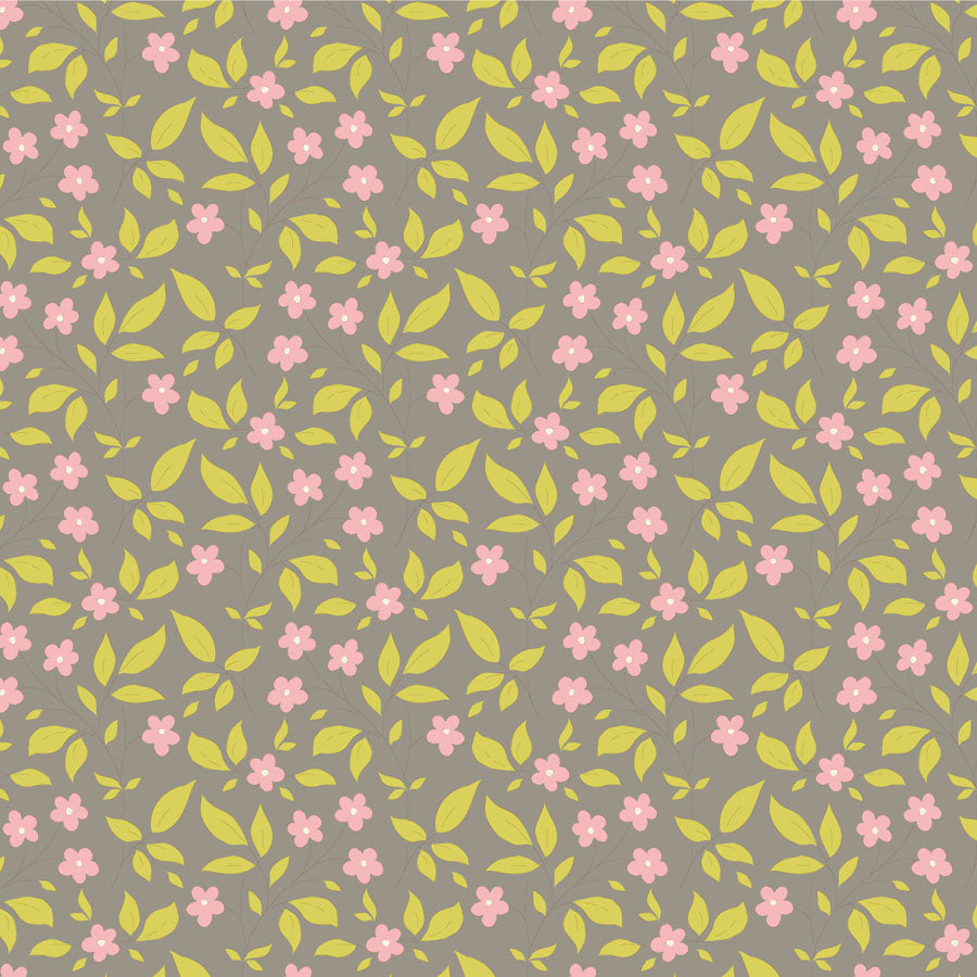 A textured fabric from the Tilda Sunday Brunch Blender Tipsy Grey collection, featuring a floral pattern with green, pink, and gray colors on a light background.
Photo by Tildafabrics.com [image_link]