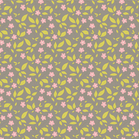 A textured fabric from the Tilda Sunday Brunch Blender Tipsy Grey collection, featuring a floral pattern with green, pink, and gray colors on a light background.
Photo by Tildafabrics.com [image_link]