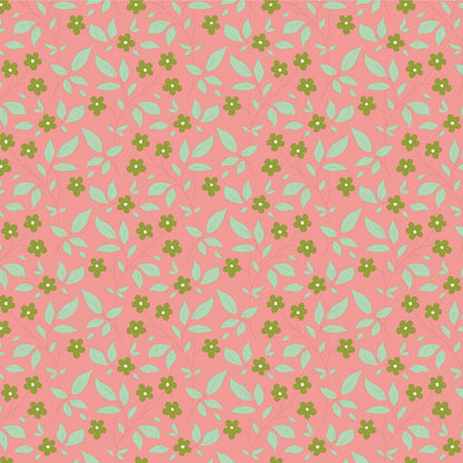 Floral pattern with green flowers and leaves on a pink background
Photo by Tildafabrics.com [image_link]
