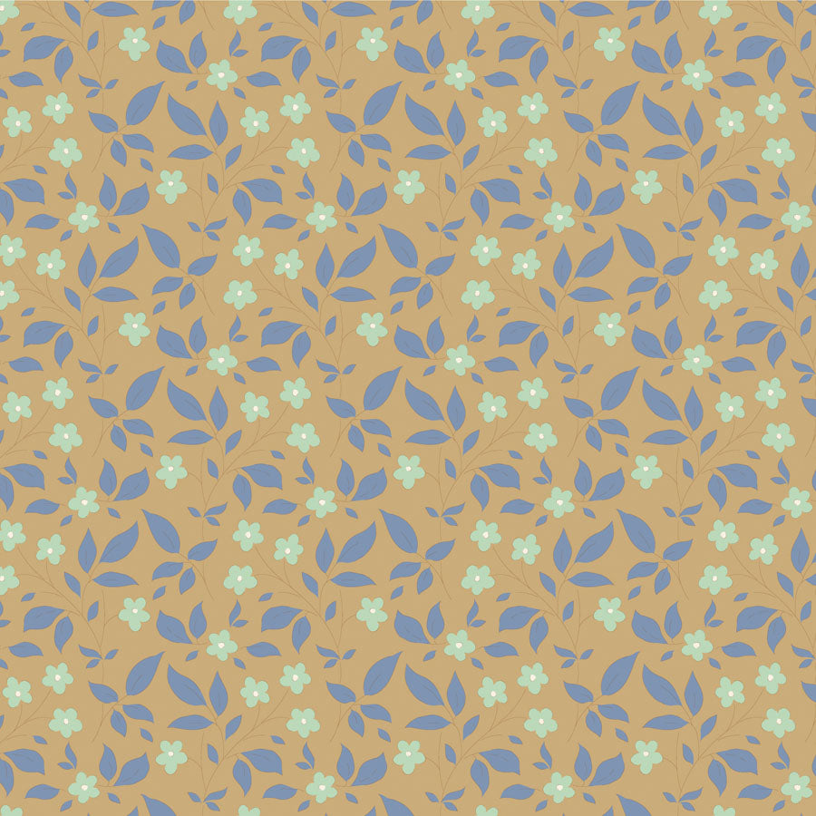A fabric from the Tilda Sunday Brunch collection featuring a floral pattern with blue and green flowers on a beige background.
Photo by Tildafabrics.com [image_link]