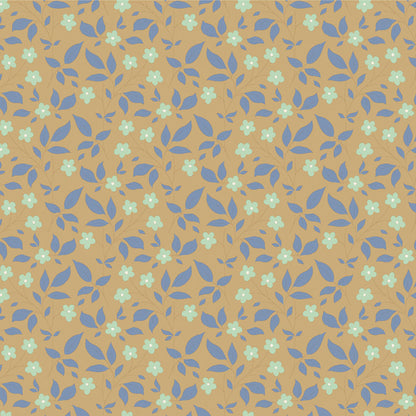 A fabric from the Tilda Sunday Brunch collection featuring a floral pattern with blue and green flowers on a beige background.
Photo by Tildafabrics.com [image_link]