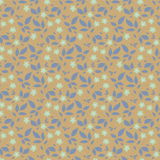 A fabric from the Tilda Sunday Brunch collection featuring a floral pattern with blue and green flowers on a beige background.
Photo by Tildafabrics.com [image_link]