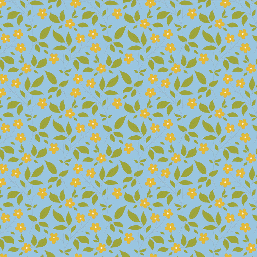 Floral pattern with yellow flowers and green leaves on a blue background.
Photo by Tildafabrics.com [image_link]