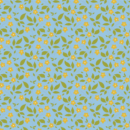 Floral pattern with yellow flowers and green leaves on a blue background.
Photo by Tildafabrics.com [image_link]