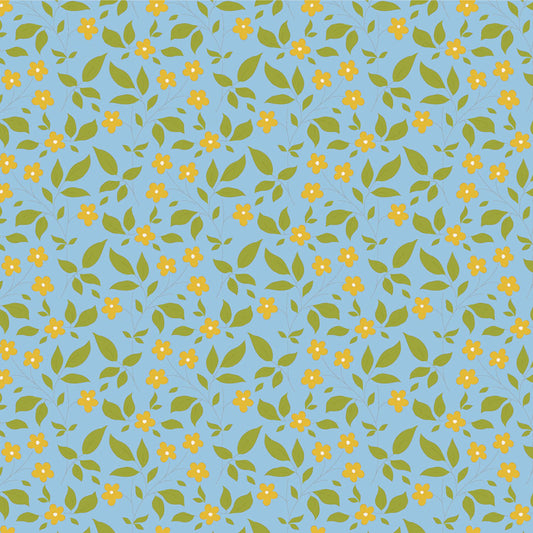 Floral pattern with yellow flowers and green leaves on a blue background.
Photo by Tildafabrics.com [image_link]