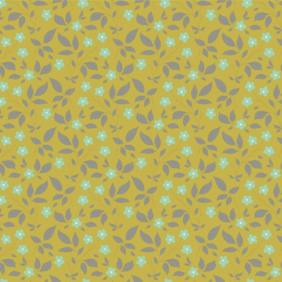Yardage fabric from the Sunday Brunch Blender Tipsy Sour Yellow collection by Tone Finnanger for Tilda Fabrics, featuring a vintage floral pattern with a yellow background and soft gray leaves.
Photo by Tildafabrics.com [image_link]
