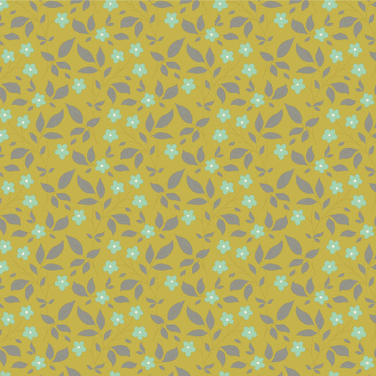 Yardage fabric from the Sunday Brunch Blender Tipsy Sour Yellow collection by Tone Finnanger for Tilda Fabrics, featuring a vintage floral pattern with a yellow background and soft gray leaves.
Photo by Tildafabrics.com [image_link]