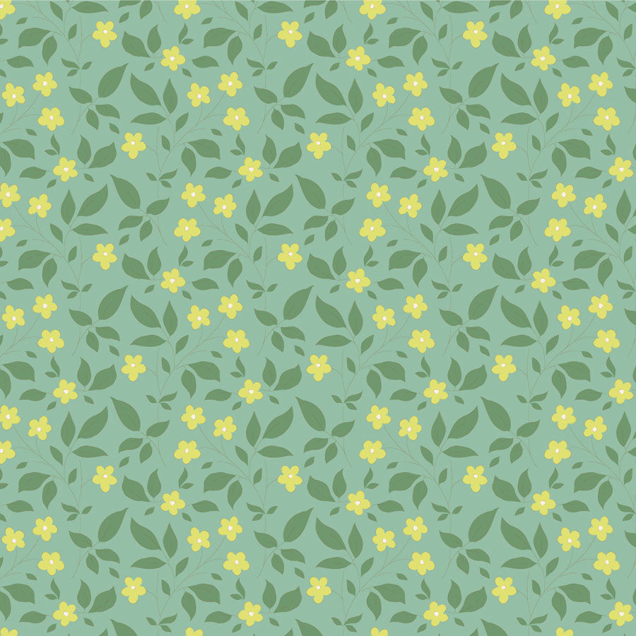 A fabric from the Tilda Sunday Brunch Blender Tipsy Teal collection, featuring a floral pattern with green and teal leaves and yellow flowers.
Photo by Tildafabrics.com [image_link]