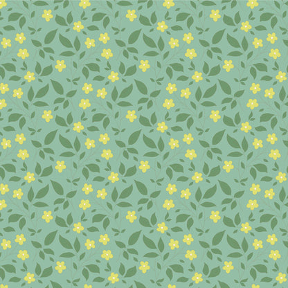 A fabric from the Tilda Sunday Brunch Blender Tipsy Teal collection, featuring a floral pattern with green and teal leaves and yellow flowers.
Photo by Tildafabrics.com [image_link]