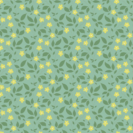 A fabric from the Tilda Sunday Brunch Blender Tipsy Teal collection, featuring a floral pattern with green and teal leaves and yellow flowers.
Photo by Tildafabrics.com [image_link]