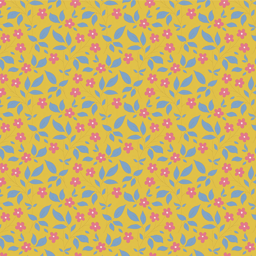 Yardage fabric from the Sunday Brunch Blender Tipsy collection by Tone Finnanger for Tilda Fabrics, featuring a vintage floral pattern with yellow, blue, and pink flowers on a yellow background.
Photo by Tildafabrics.com [image_link]