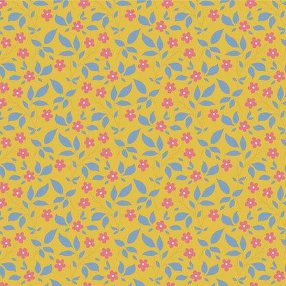 Yardage fabric from the Sunday Brunch Blender Tipsy collection by Tone Finnanger for Tilda Fabrics, featuring a vintage floral pattern with yellow, blue, and pink flowers on a yellow background.
Photo by Tildafabrics.com [image_link]