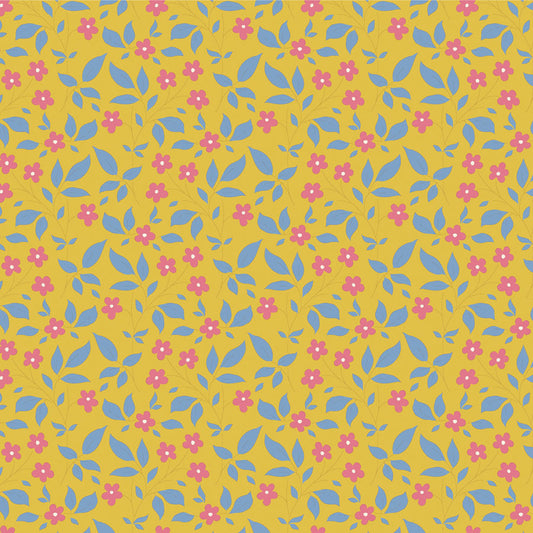 Yardage fabric from the Sunday Brunch Blender Tipsy collection by Tone Finnanger for Tilda Fabrics, featuring a vintage floral pattern with yellow, blue, and pink flowers on a yellow background.
Photo by Tildafabrics.com [image_link]