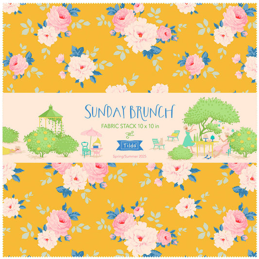 A fabric stack featuring 10 inch by 10 inch squares with a floral pattern and a garden scene motif, labeled 'Sunday Brunch' by Tilda.
Photo by Tildafabrics.com [image_link]