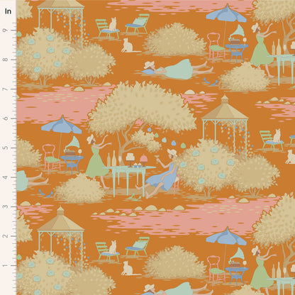 Patterned fabric with garden scenes, trees, and people on an orange background.
Photo by Tildafabrics.com [image_link]