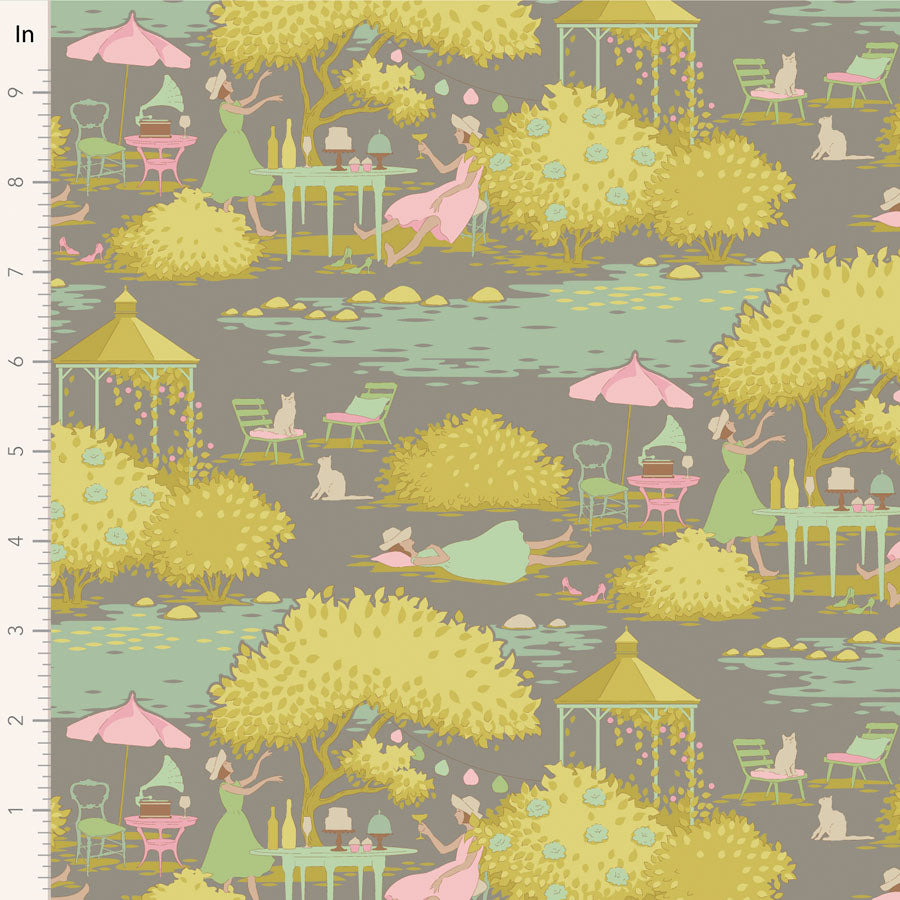 Fabric pattern with garden scene, people, and trees on a gray background.
Photo by Tildafabrics.com [image_link]
