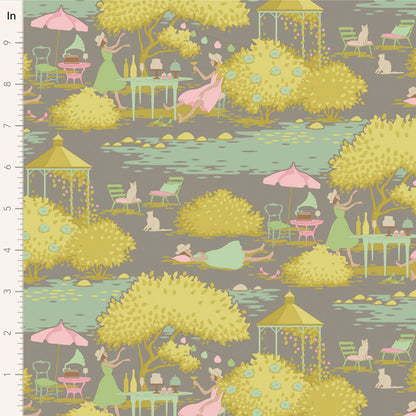 Fabric pattern with garden scene, people, and trees on a gray background.
Photo by Tildafabrics.com [image_link]