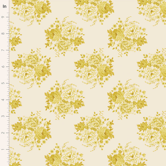 A fabric from the Tilda Sunday Brunch Mia Sour Yellow collection, featuring a floral pattern with yellow flowers on a beige background, measured with a ruler to show scale.
Photo by Tildafabrics.com [image_link]