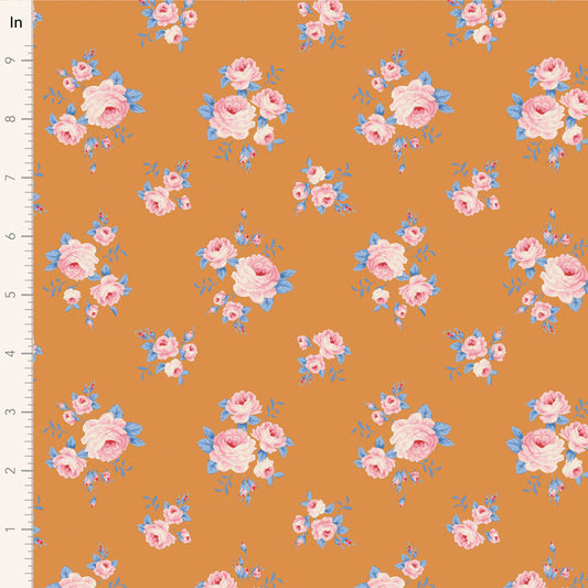 Yardage of Tilda Wallflower Lauren Green fabric featuring a floral pattern with pink and blue flowers on a yellow background with a measuring scale along the edge.
Photo by Tildafabrics.com [image_link]