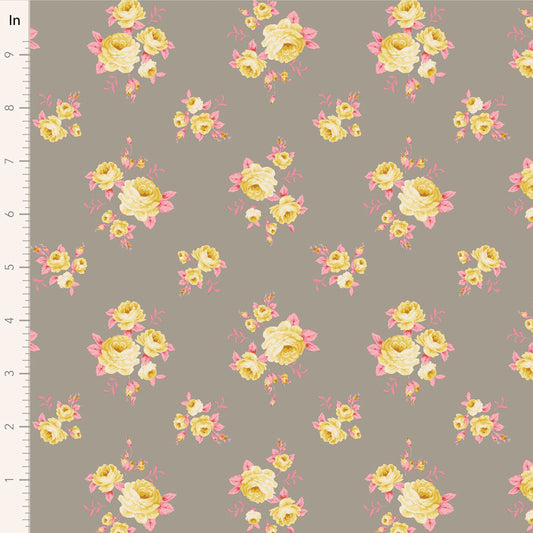 A fabric with a floral pattern featuring roses in shades of pink, yellow, and green, on a grey background, measured with a ruler.
Photo by Tildafabrics.com [image_link]
