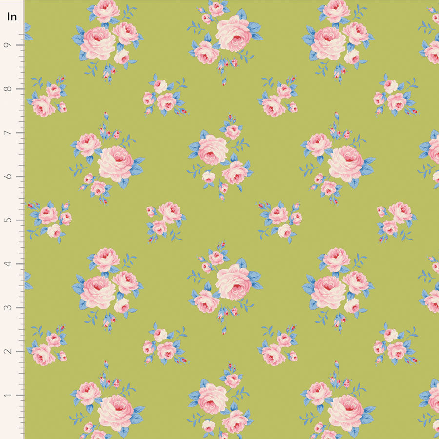 A fabric with a floral pattern featuring pink and blue flowers on a green background.
Photo by Tildafabrics.com [image_link]