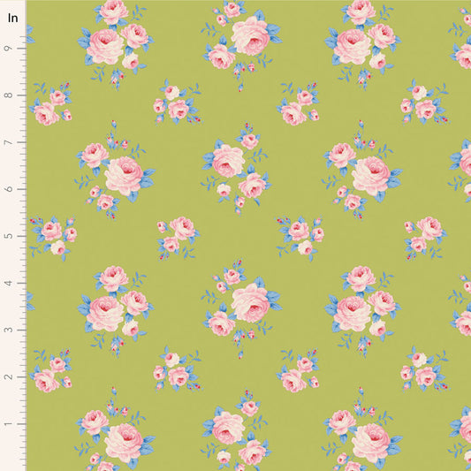 A fabric with a floral pattern featuring pink and blue flowers on a green background.
Photo by Tildafabrics.com [image_link]