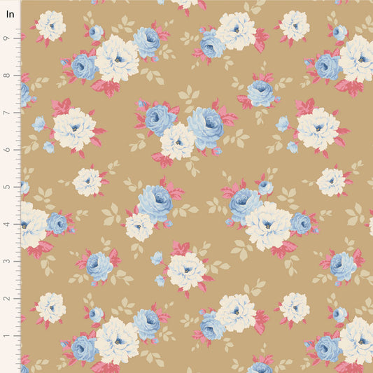 A fabric from the Tilda Sunday Brunch Pernille Sand collection featuring a floral pattern with pink and blue flowers on a beige background.
Photo by Tildafabrics.com [image_link]