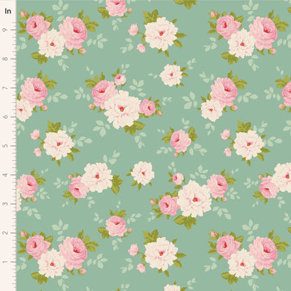 Yardage of Tilda Sunday Brunch Pernille Teal fabric featuring floral patterns with roses in pink and white on a teal background.
Photo by Tildafabrics.com [image_link]