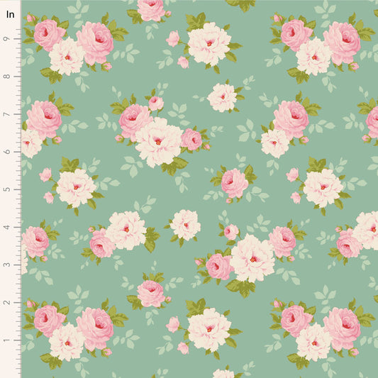 Yardage of Tilda Sunday Brunch Pernille Teal fabric featuring floral patterns with roses in pink and white on a teal background.
Photo by Tildafabrics.com [image_link]