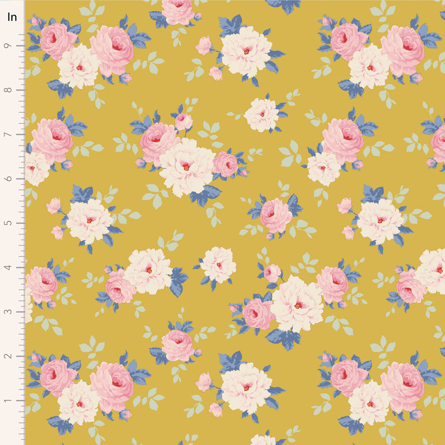 Floral pattern with pink and white flowers on a mustard yellow background.
Photo by Tildafabrics.com [image_link]
