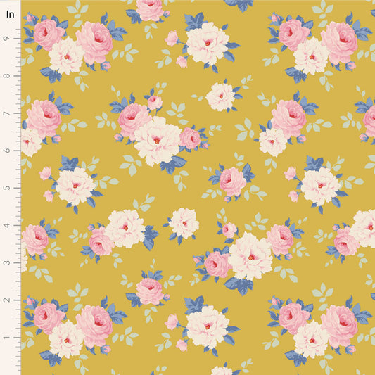Floral pattern with pink and white flowers on a mustard yellow background.
Photo by Tildafabrics.com [image_link]