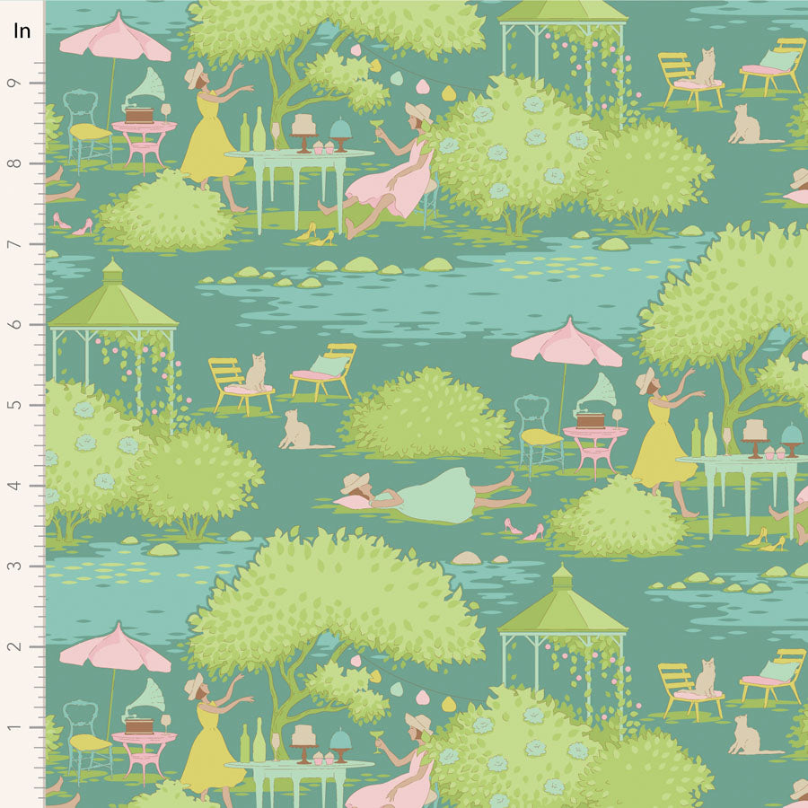 Fabric pattern with garden scene, people, and greenery on a teal background.
Photo by Tildafabrics.com [image_link]