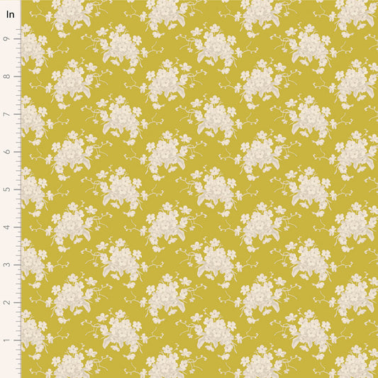 A fabric from the Tilda Sunday Brunch collection featuring a white flower sour yellow pattern on a yellow background, with a visible measuring tape indicating the fabric's scale.
Photo by Tildafabrics.com [image_link]