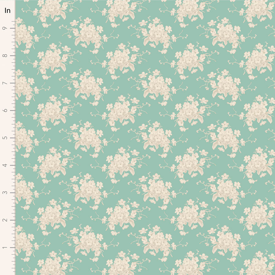 Floral pattern on a teal background with a ruler for scale.
Photo by Tildafabrics.com [image_link]