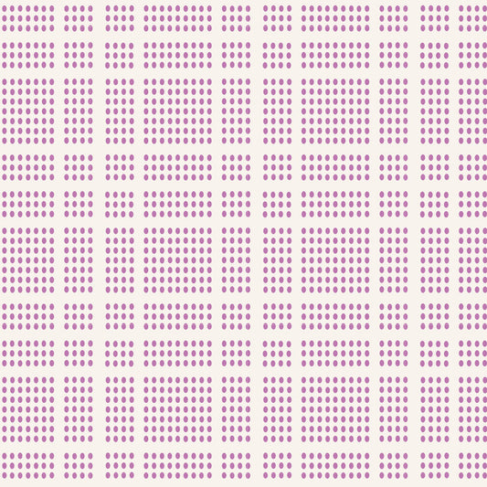 A repeating geometric pattern of small lavender-purple dots arranged in rows on a warm off-white background.
Photo by Tildafabrics.com [image_link]