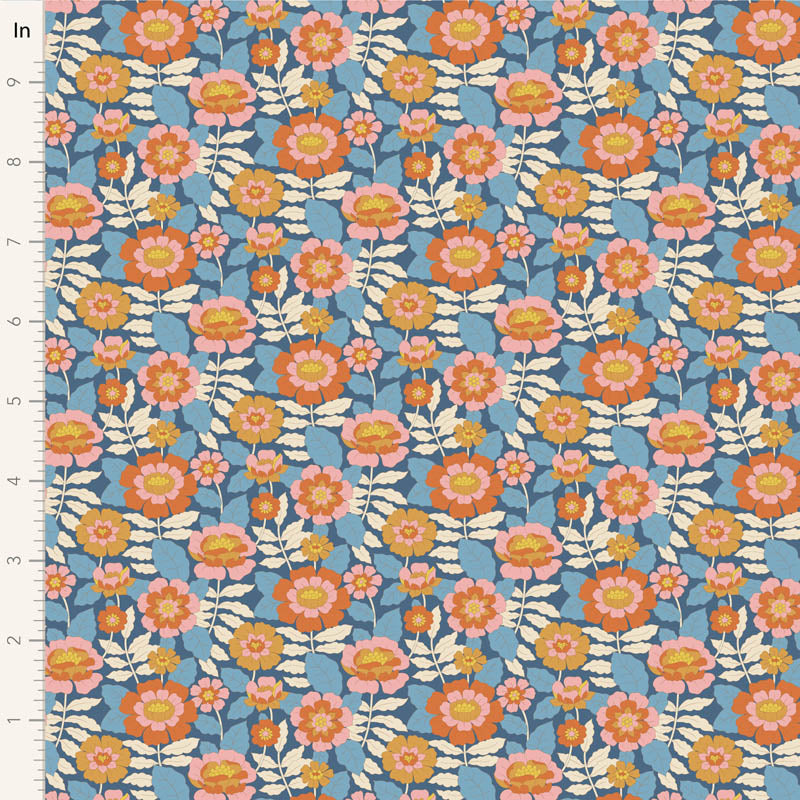 Yardage of Tilda Wallflower Beverly Blue fabric featuring a floral print with orange, pink, and yellow flowers on a blue background.
Photo by Tildafabrics.com [image_link]
