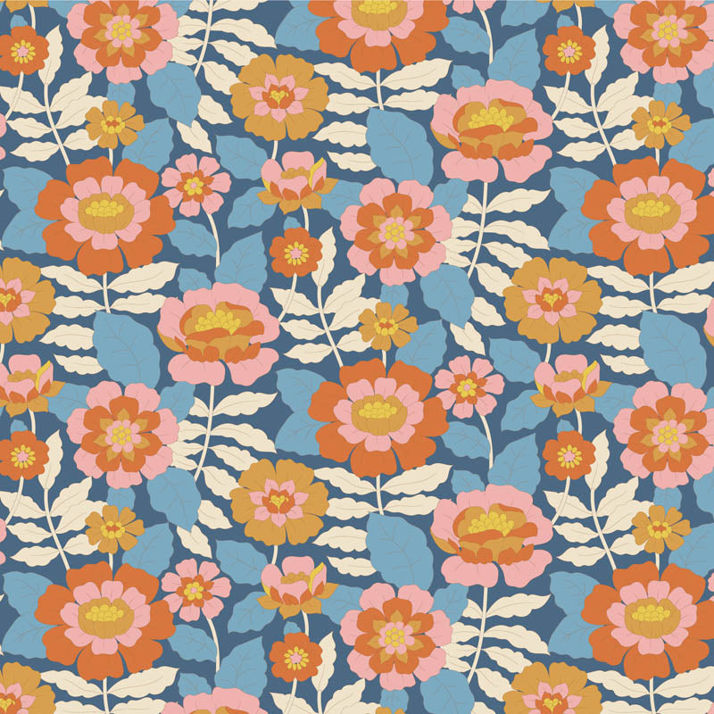 Yardage of Tilda Wallflower Beverly Blue fabric featuring a floral print with orange, pink, and yellow flowers on a blue background.
Photo by Tildafabrics.com [additional_image_link]