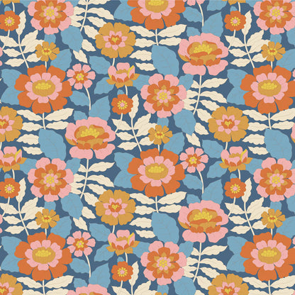 Yardage of Tilda Wallflower Beverly Blue fabric featuring a floral print with orange, pink, and yellow flowers on a blue background.
Photo by Tildafabrics.com [additional_image_link]